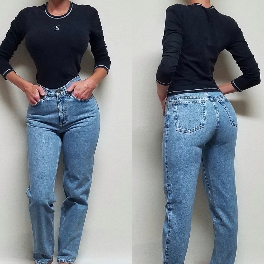 Vintage jones new york stone wash ribcage high rise light wash tapered mom jeans